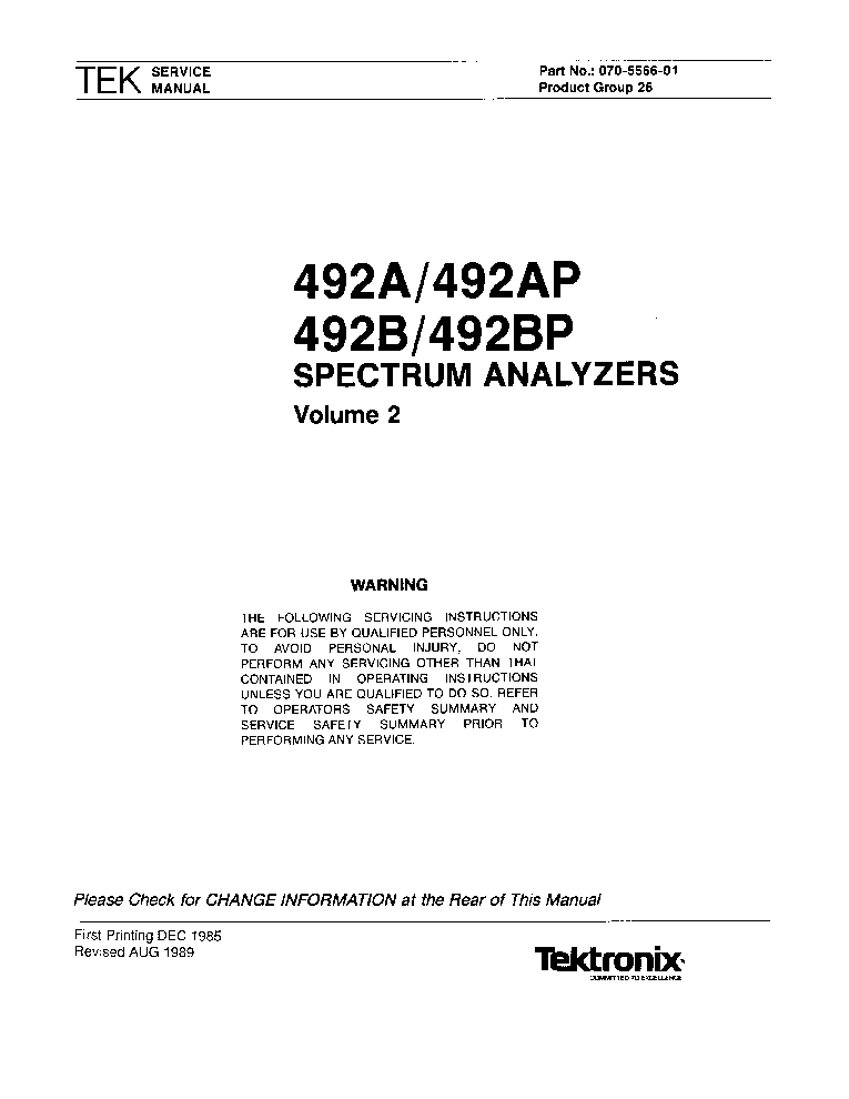 TEKTRONIX 492A 492AP 492B 492BP SPECTRUM ANALYZERS service manual (1st page)