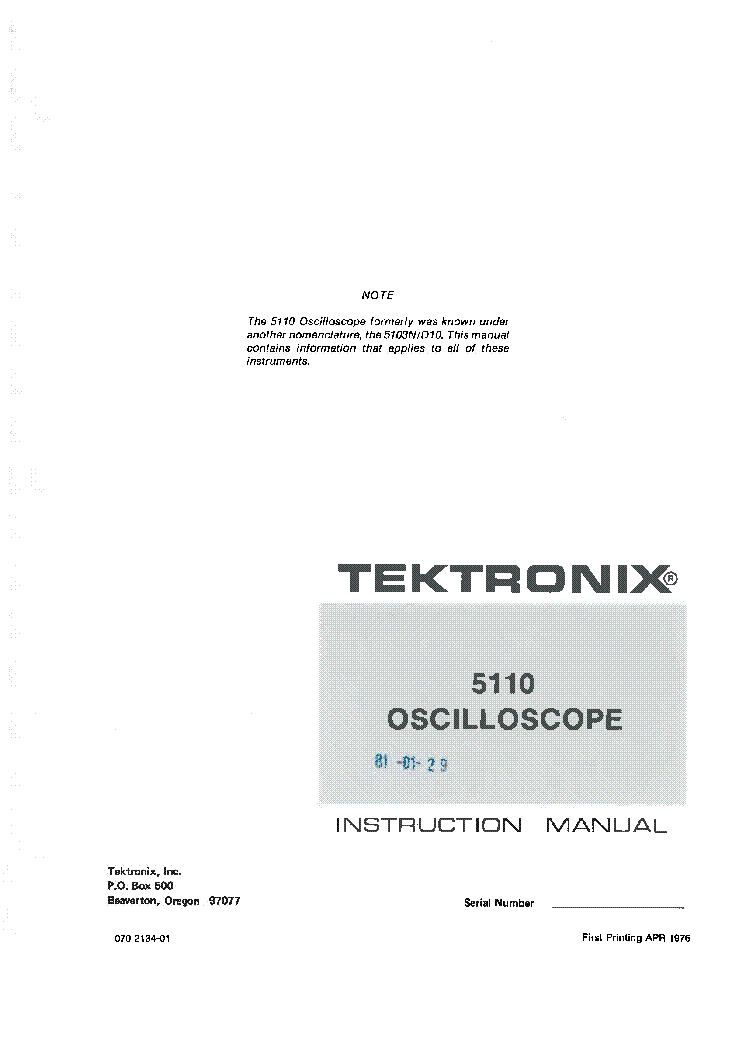 TEKTRONIX 5110 OSCILLOSCOPE MAINFRAME 1976 FULL SM service manual (1st page)