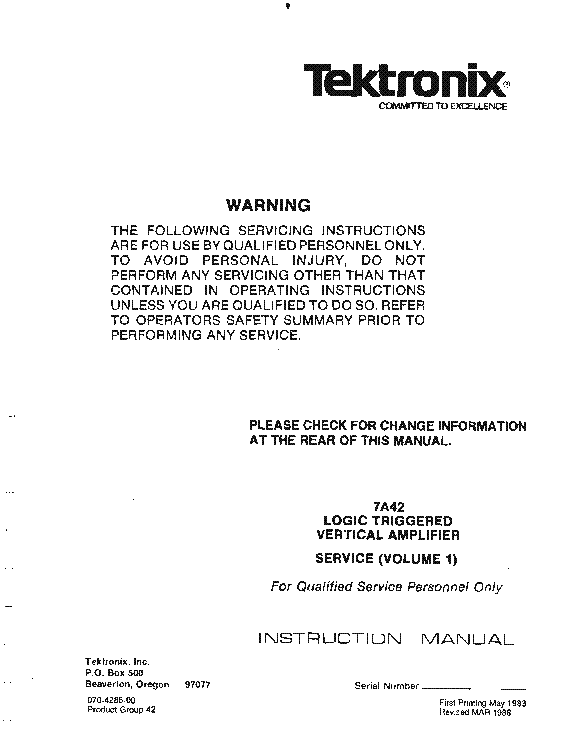 TEKTRONIX 7A42 4-CHANNEL DUAL-SLOT 300MHZ LOGIC TRIGGERED VERTICAL AMPLIFIER VOL1 1983,88 SM service manual (1st page)