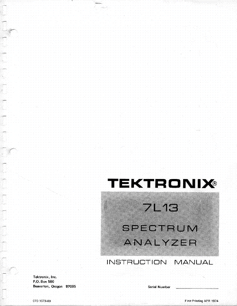TEKTRONIX 7L13 1.8GHZ SPECTRUM ANALYSER 7000 SERIES PLUG-IN 1974 SM service manual (1st page)