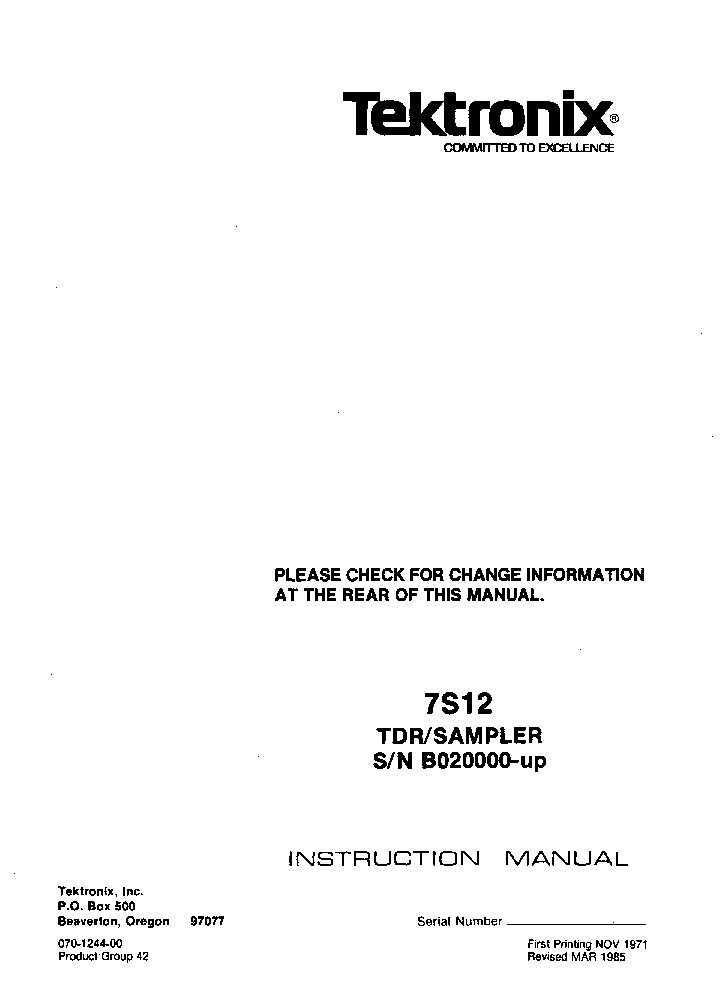 TEKTRONIX 7S12 TDR SAMPLER 7000 SERIE 1971.85 SM service manual (1st page)