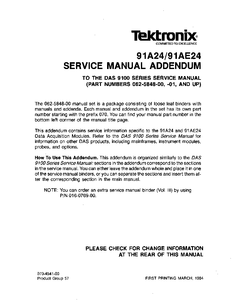 TEKTRONIX 91A24 91AE24 SM ADDENDUM service manual (1st page)