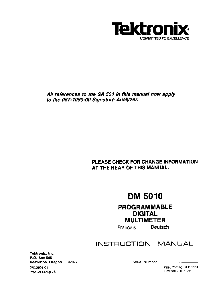 TEKTRONIX DM5010 TM5000-SYSTEM PROGRAMMABLE 4,5-DIGIT DMM SM service manual (1st page)