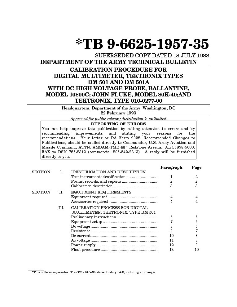 TEKTRONIX DM501 DVM CALIBRATING 1988 SM service manual (1st page)