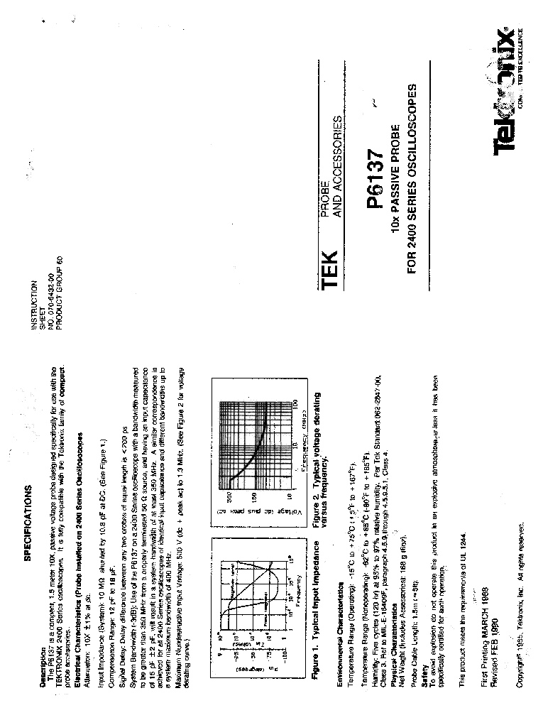TEKTRONIX P6137 10X PASSIVE PROBE UP TO 400MHZ FOR 2400 SERIES 1980 SM service manual (1st page)