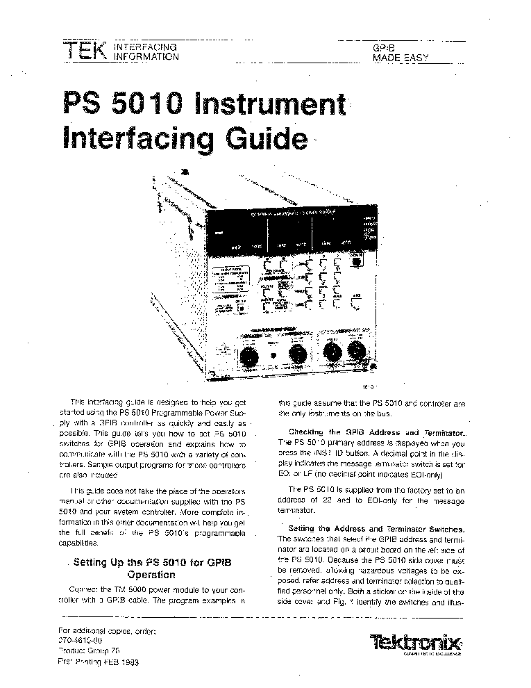 TEKTRONIX PS5010 3X POWER SUPPLY INTERFACING GUIDE 1983 SM service manual (1st page)