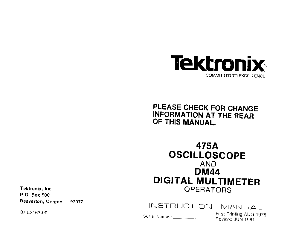 TEKTRONIX TEK475 2568 SCOPE UM service manual (1st page)