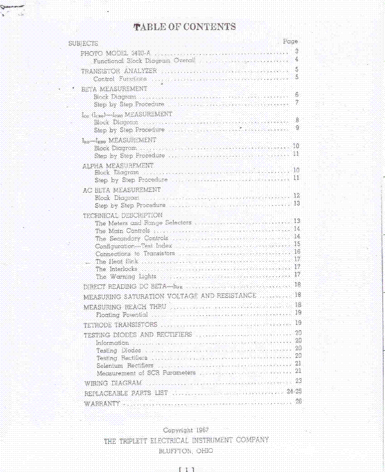 TRIPLETT MODEL 3490A, TYPE 2, TRANSISTOR TESTER service manual