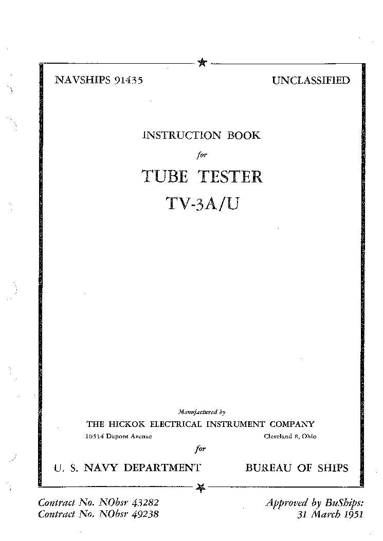 US MILITARY HICKOK TV-3A-U TUBE TESTER SM service manual