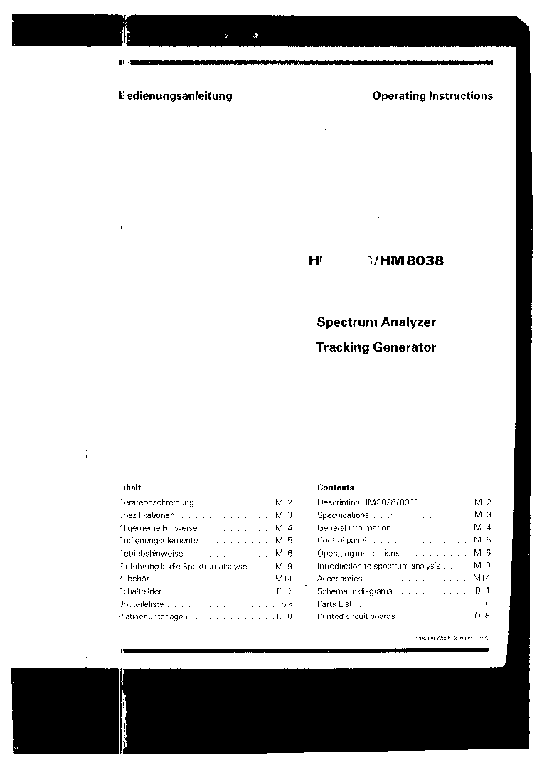 HAMEG 8028 8038 SPECTRUM ANALYZER TRACKING GENERATOR OPERATING INSTRUCTION service manual (1st page)