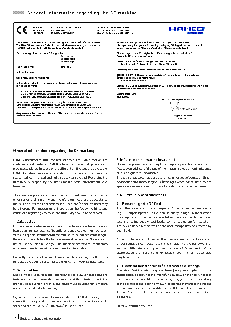HAMEG HM2005-2 OSCILLOSCOPE UM Service Manual Download, Schematics ...