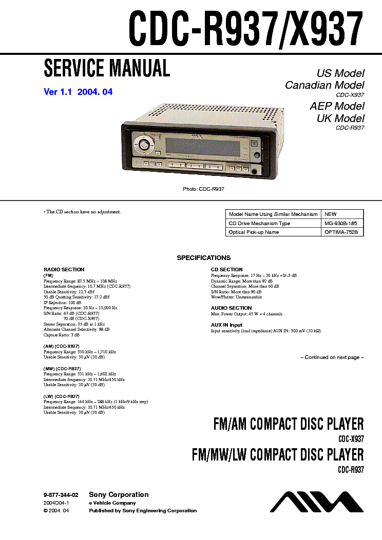AIWA CDC-R937 X937 VER-1.1 SM service manual