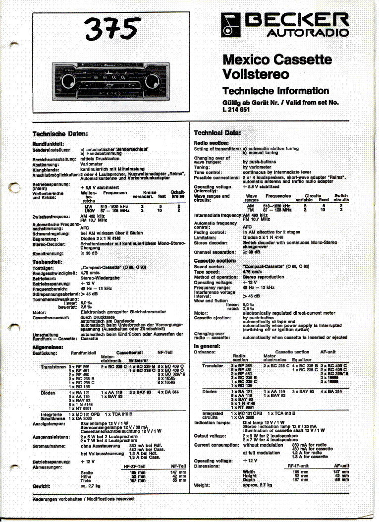 BECKER MEXICO-CASSETTE-VOLLSTEREO-375 SM DE service manual (1st page)