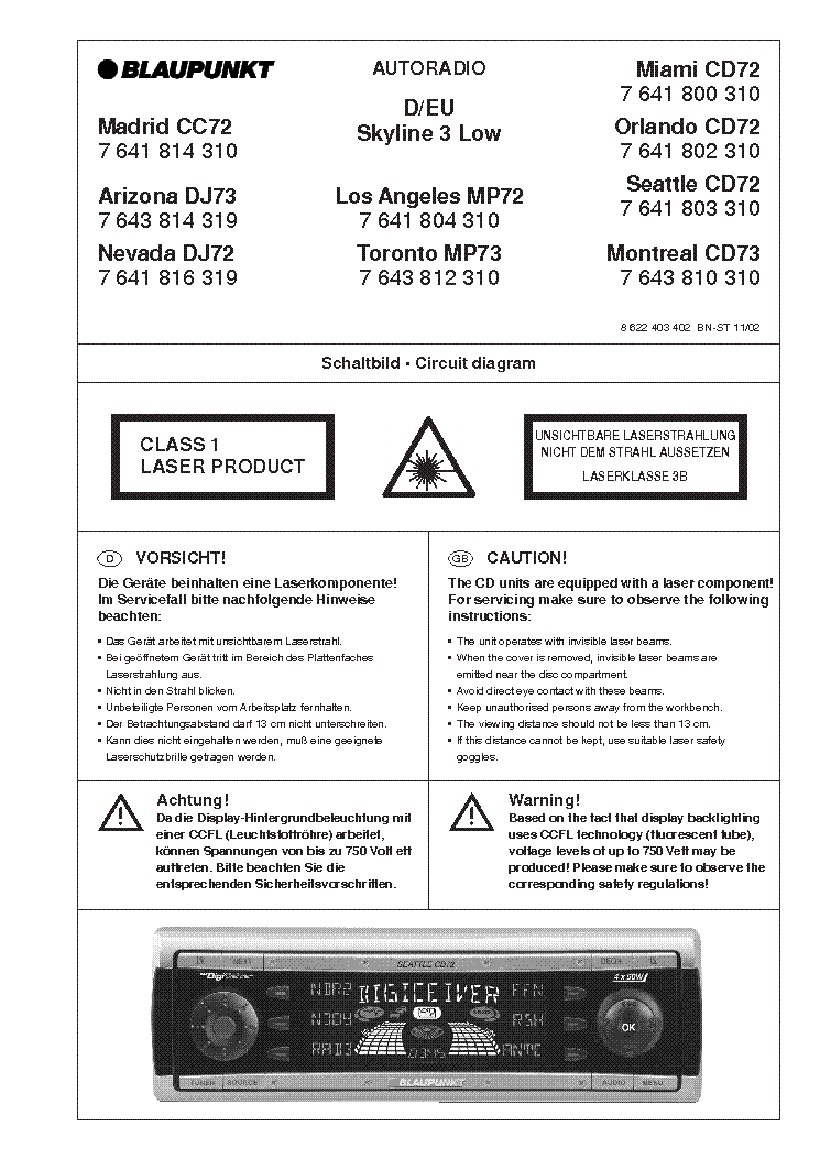 BLAUPUNK CC,CD,DJ-72 73 MADRID ARIZONA TORONTO ORLANDO MIAMI service manual (1st page)
