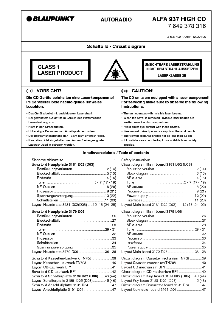 BLAUPUNKT ALFA 937 HIGH CD service manual (1st page)