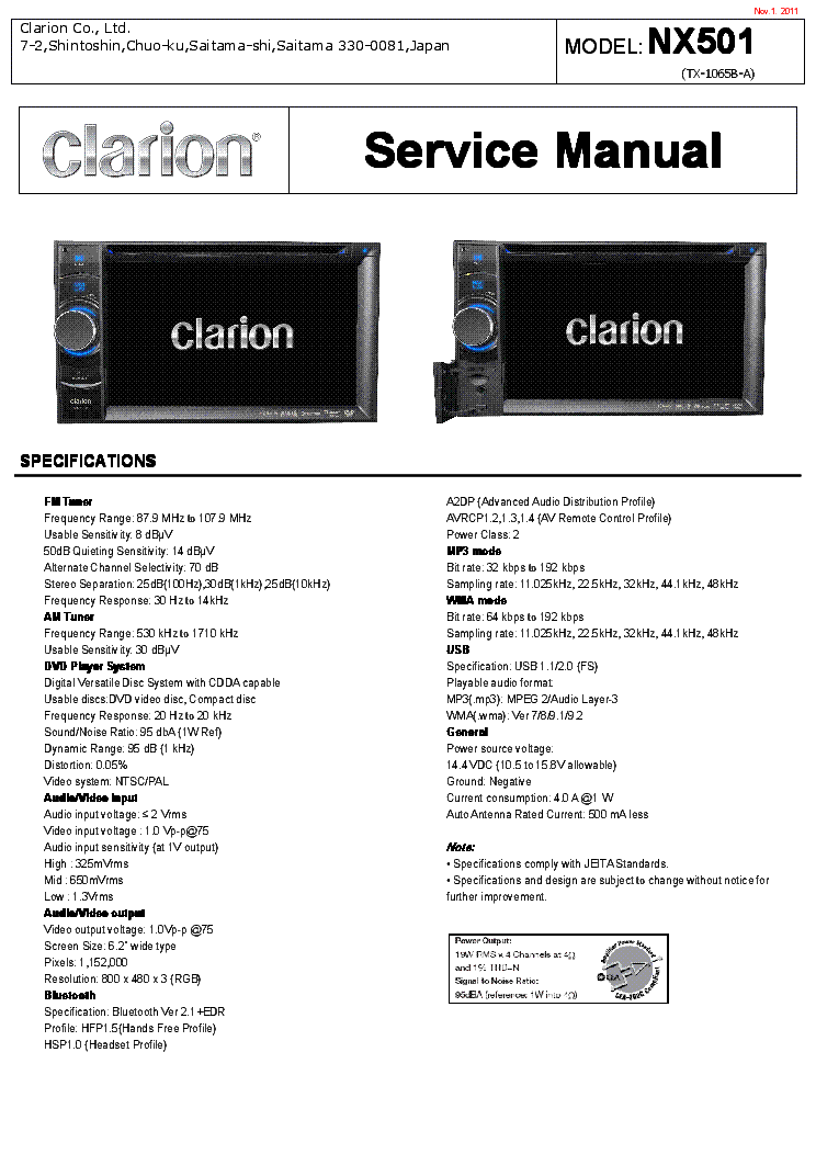 CLARION NX501 Service Manual download, schematics, eeprom, repair info