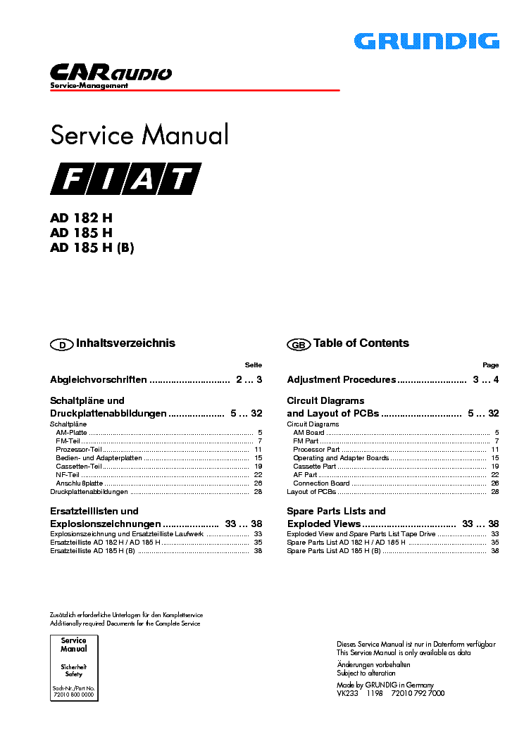 GRUNDIG FIAT AD182H AD185H B service manual