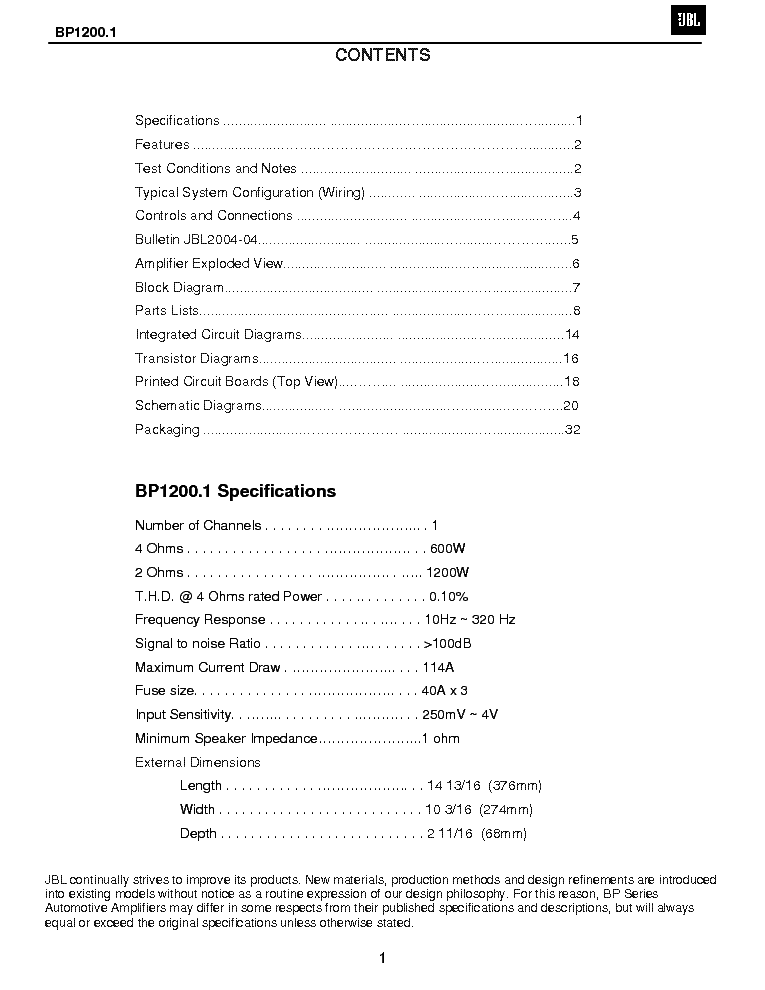JBL BP1200.1 SM service manual (2nd page)