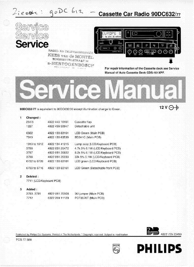 Philips 22Rn642 Car Radio Cassette Player Sm Service Manual Download, Schematics, Eeprom, Repair Info For Electronics Experts