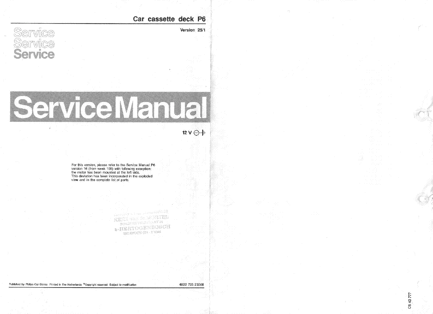PHILIPS P6251 SM CARCASSETTEDECK Service Manual download, schematics