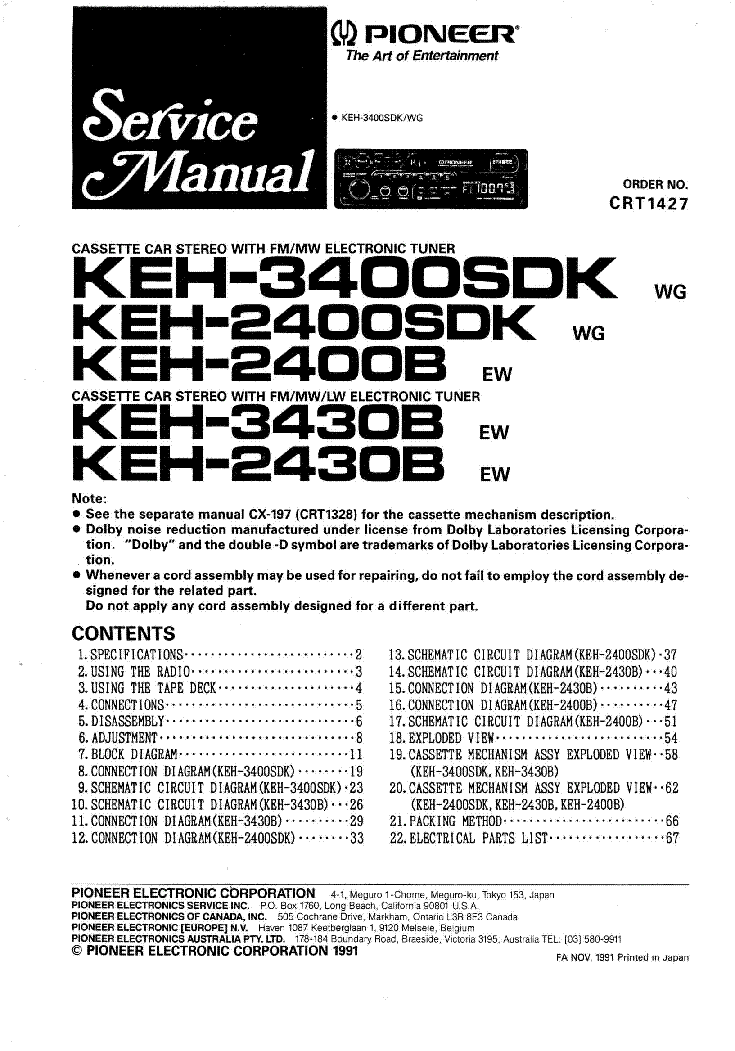 PIONEER KEH-2400SDK KEH-2430B KEH-3400SDK KEH-3430B PCB ALIGMENT CRT1427 service manual (1st page)