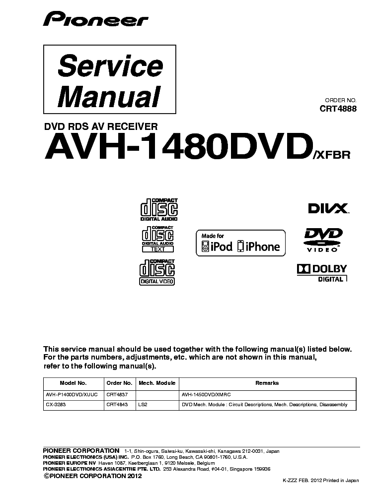 PIONEER AVH-1480DVD CRT4888 PARTS service manual (1st page)