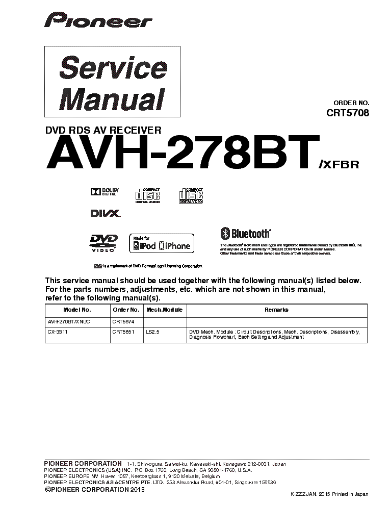 PIONEER AVH-278BT SM ADDITIONAL service manual (1st page)