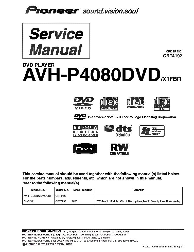 PIONEER AVH-P4080DVD CRT4192 EXPLODED PARTS LIST service manual (1st page)