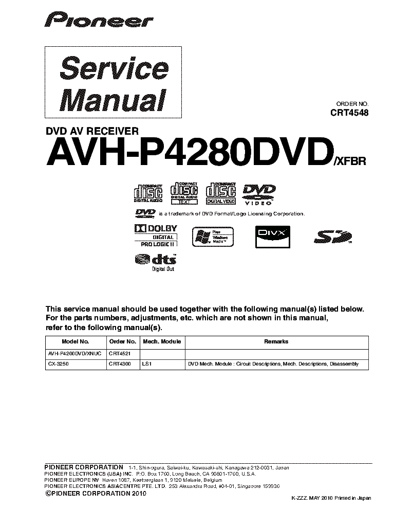 PIONEER AVH-P4280DVD CRT4558 PARTS SUPPLEMENT service manual (1st page)