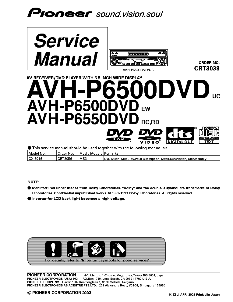 PIONEER AVH-P6500DVD,AVH-P6550DVD service manual (1st page)