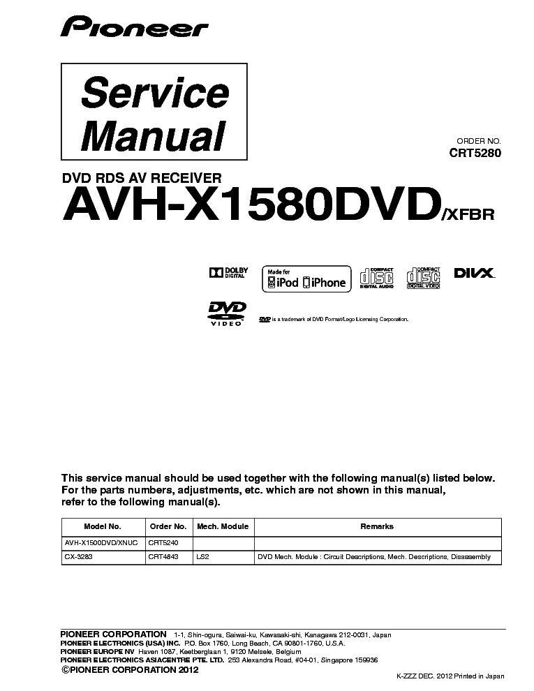 PIONEER AVH-X1580DVD CRT5280 PARTS service manual (1st page)