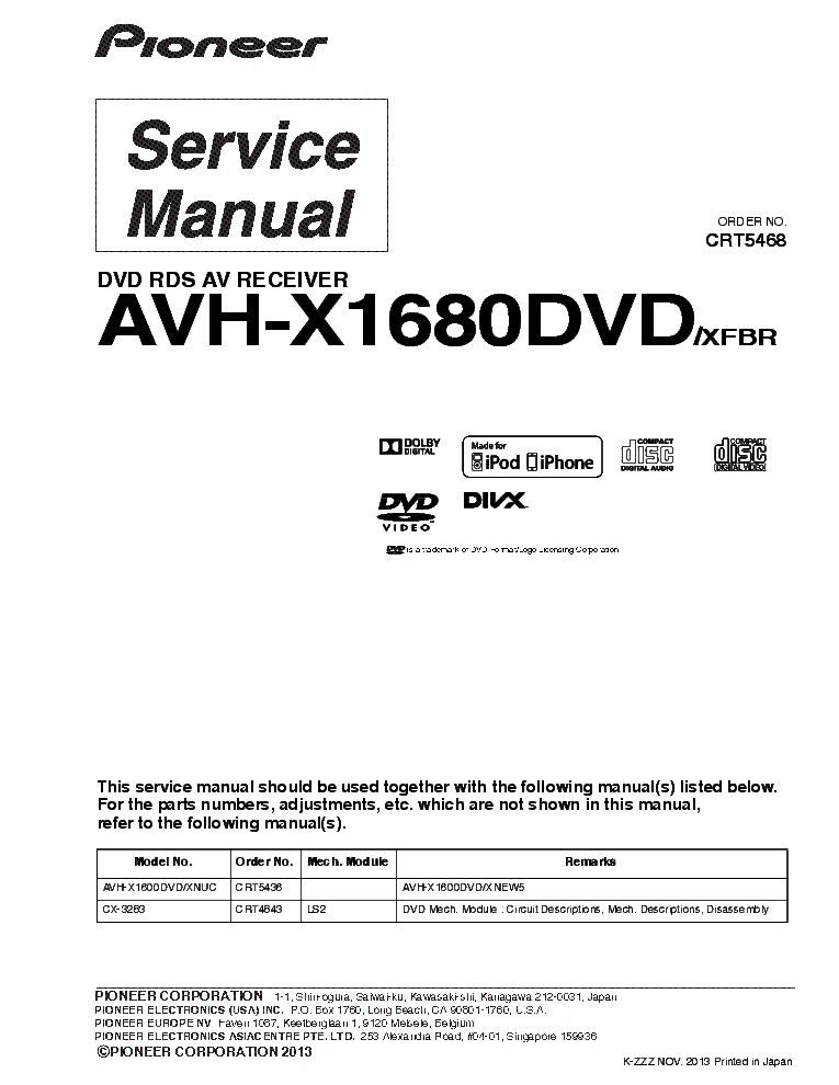 PIONEER AVH-X1680DVD CRT5468 PARTS INFO service manual (1st page)