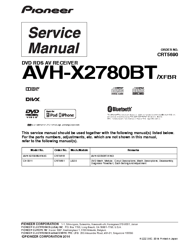 PIONEER AVH-X2780BT CRT5680 SM ADDITIONAL service manual (1st page)