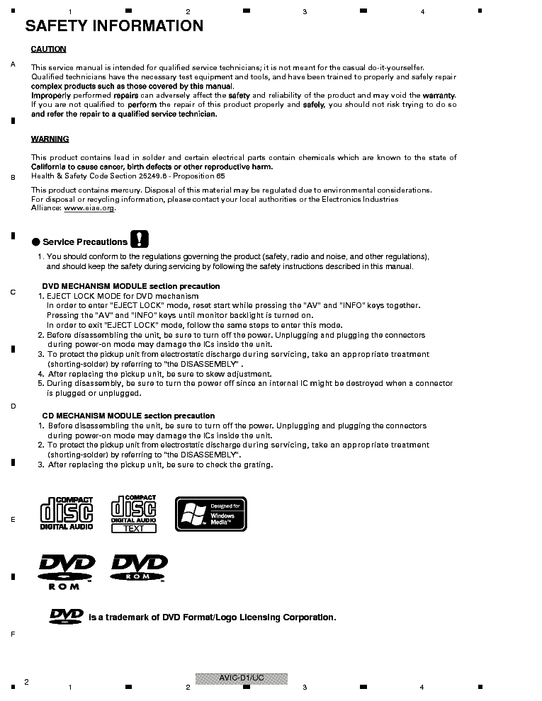 PIONEER AVIC-D1 service manual (2nd page)