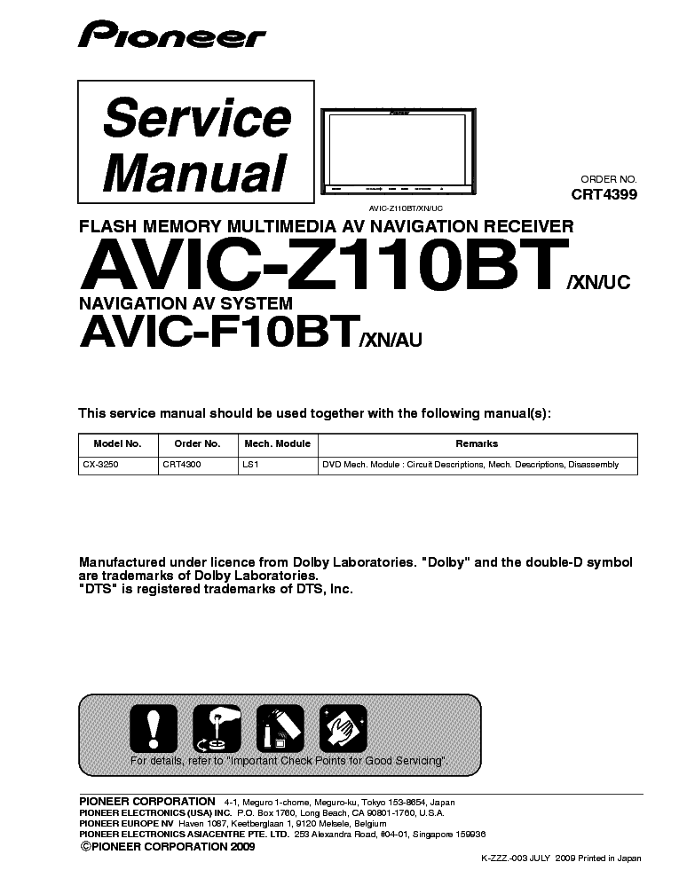 PIONEER AVIC-F10BT Z110BT CRT4399 SM service manual (1st page)
