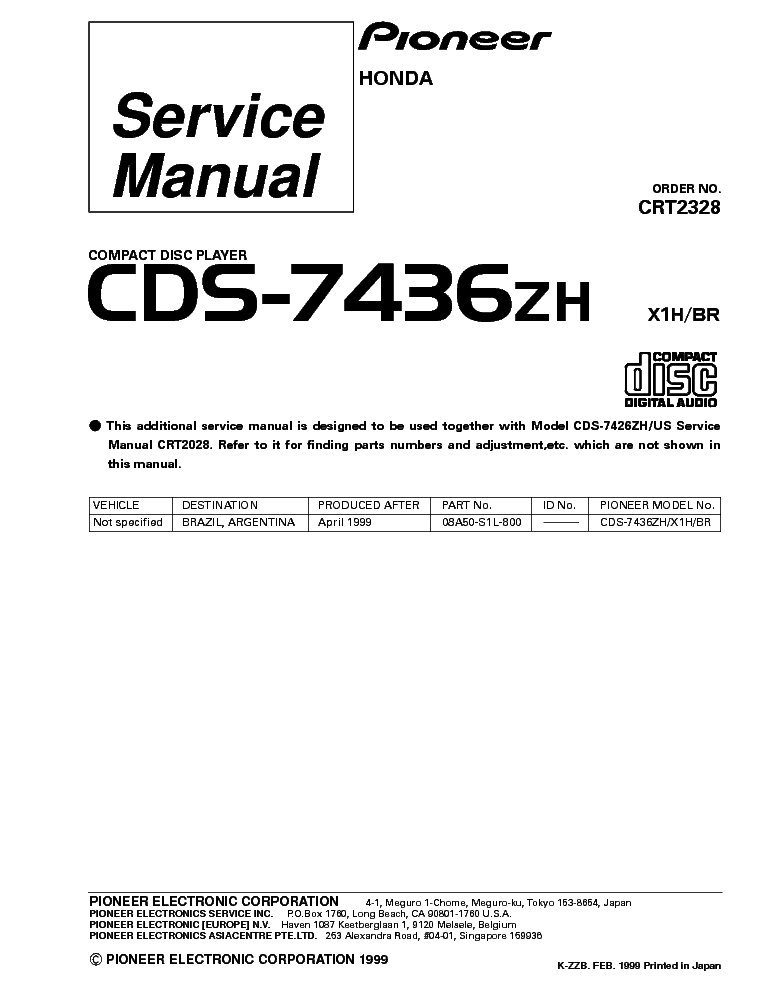 PIONEER CDS-7436ZH HONDA CD PLAYER PARTS service manual (1st page)
