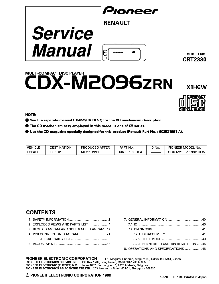 PIONEER CDX-M2096ZRN RENAULT CD PLAYER service manual (1st page)