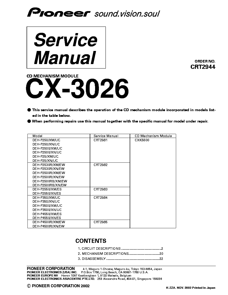PIONEER CX-3026 CD MECHANISM service manual (1st page)