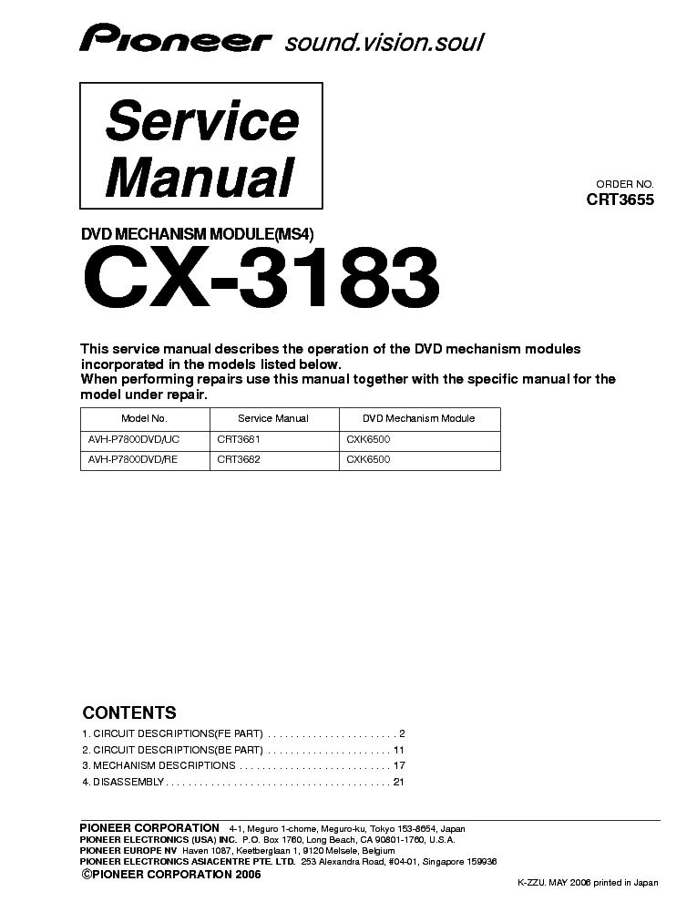 PIONEER CX-3183 DVD MECHANISM MODULE service manual (1st page)