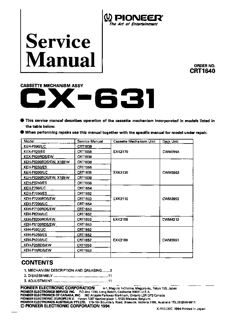PIONEER CX-631 CASSETTE MECHANISM ASSY service manual (1st page)