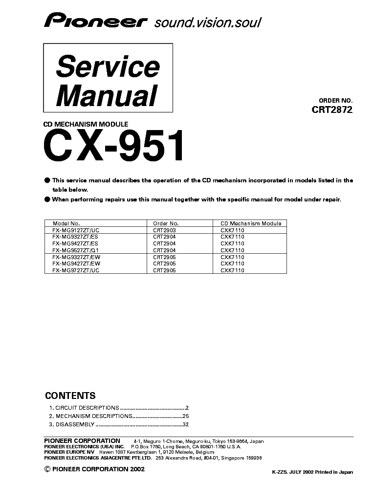 PIONEER CX-951 CRT2872 CD MECHANISM MODULE service manual (1st page)