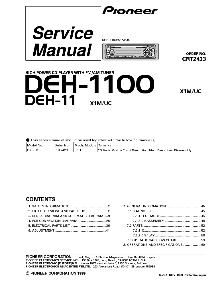 PIONEER DEH-1100,11 service manual (1st page)