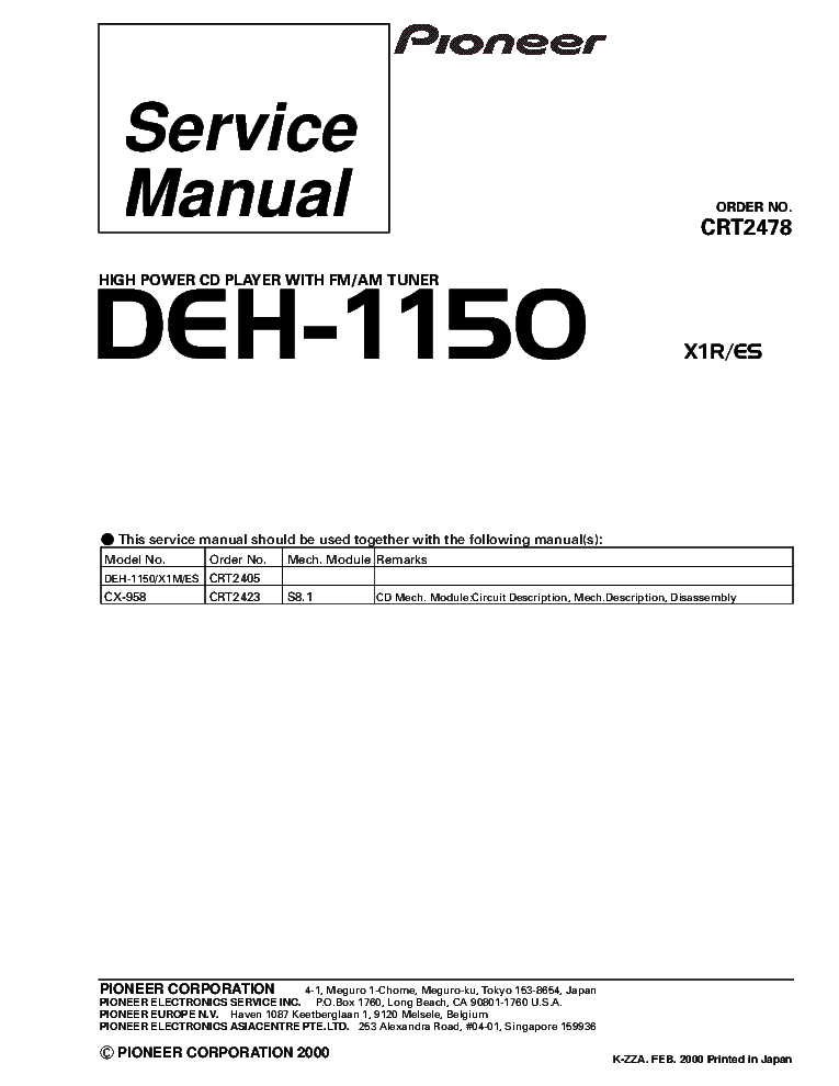 PIONEER DEH-1150 CRT2478 SUPPLEMENT service manual (1st page)