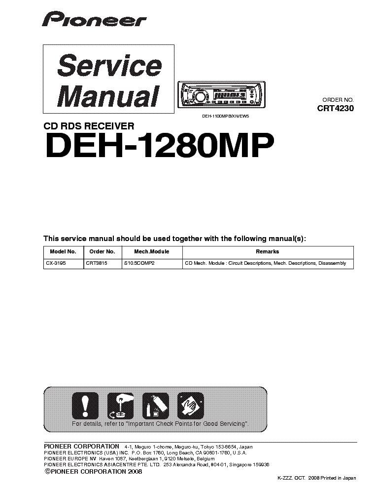 PIONEER DEH-1280MP CRT4230 CAR AUDIO service manual (1st page)