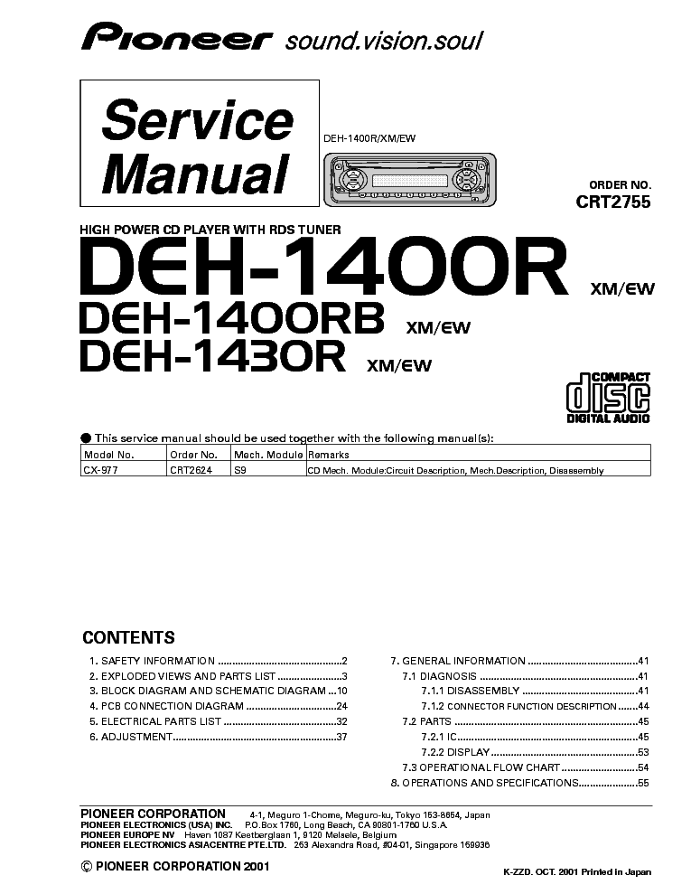 PIONEER DEH-1400R,RB,1430R-CRT2755 service manual (1st page)