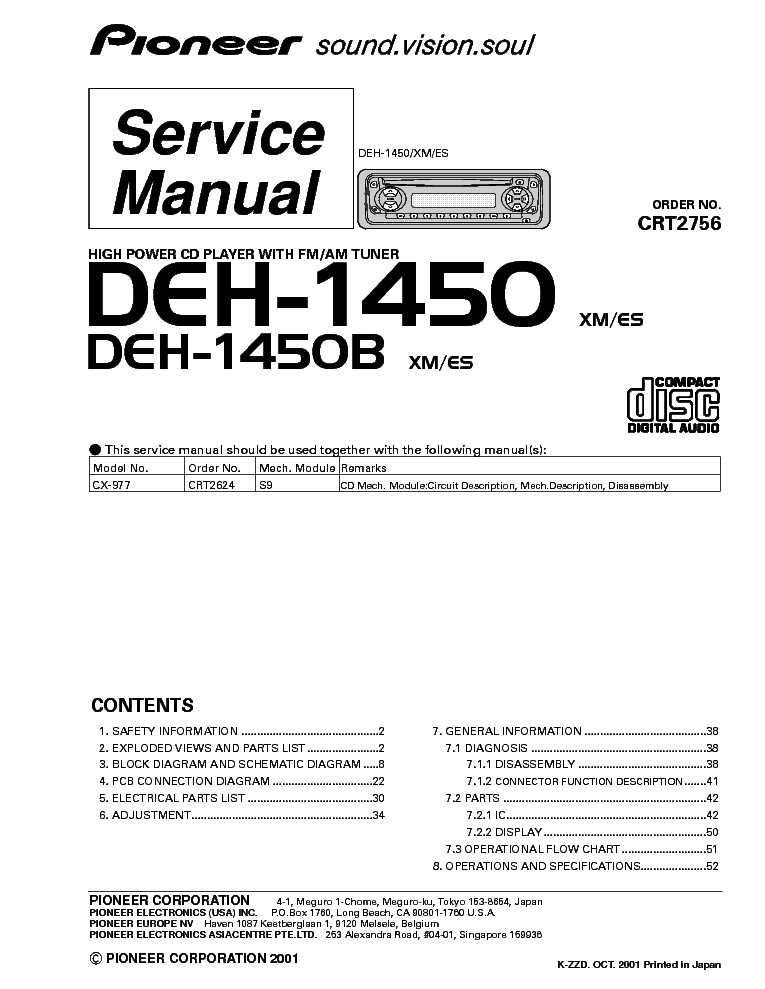 PIONEER DEH-1450 1450B CRT2756 service manual (1st page)
