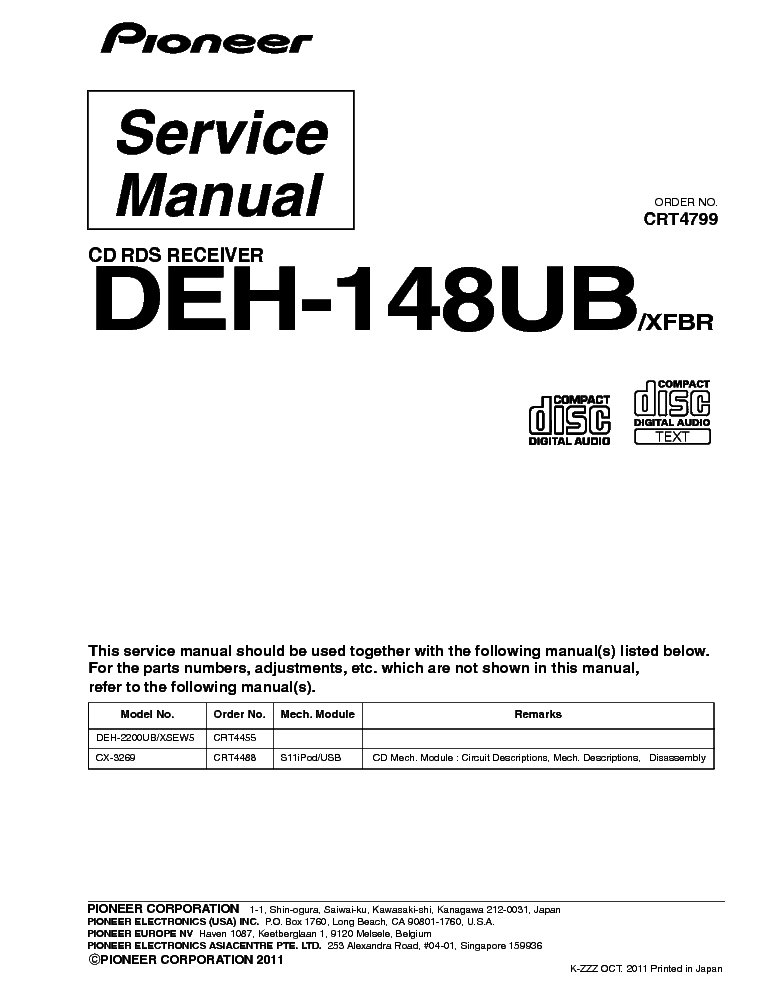 PIONEER DEH-148UB CRT4799 CAR AUDIO service manual (1st page)