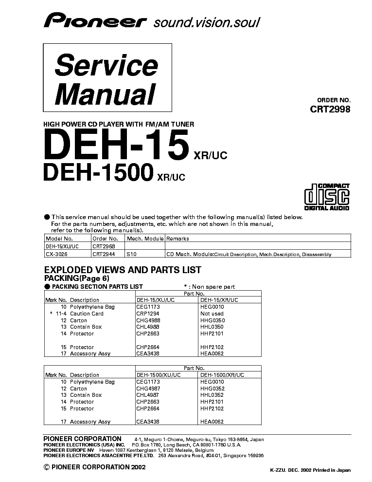 PIONEER DEH-15 DEH-1500 CRT2998 PARTS service manual (1st page)