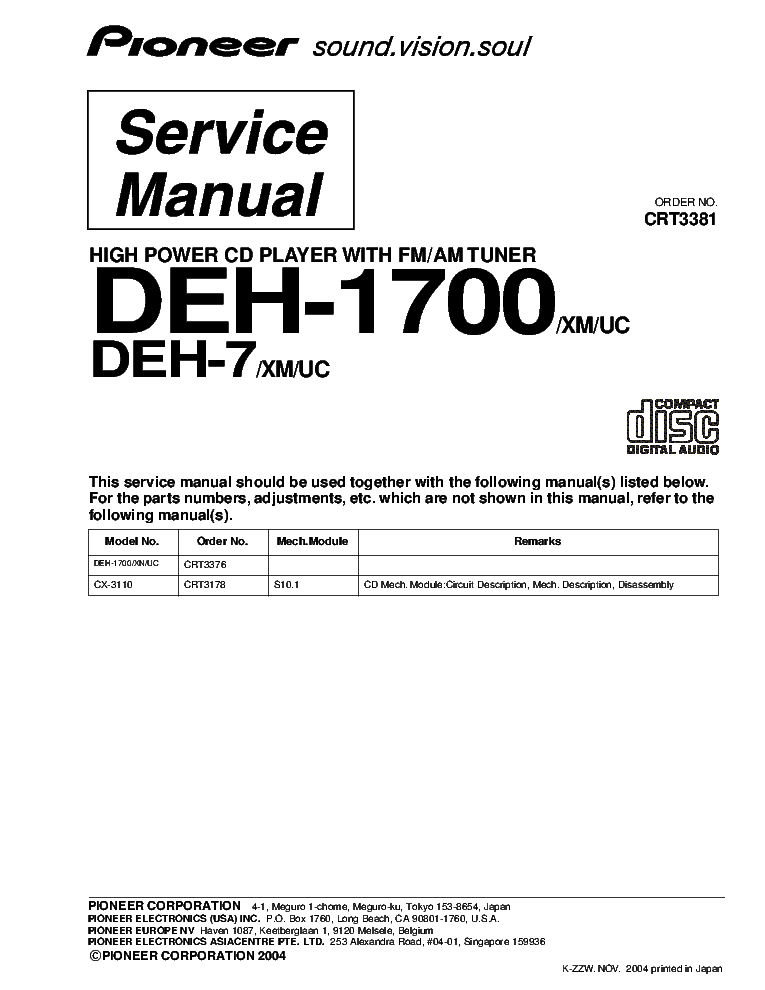 PIONEER DEH-1700 DEH-7 CRT3381 SUPPLEMENT service manual (1st page)