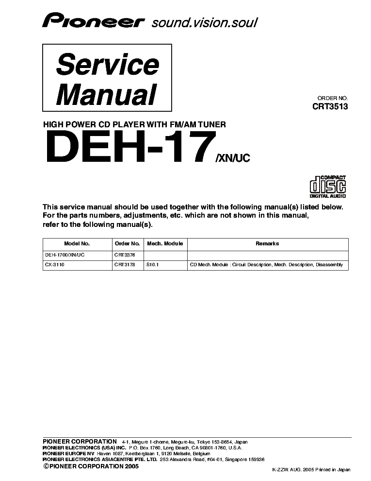 PIONEER DEH-17 CRT3513 SUPPLEMENT service manual (1st page)